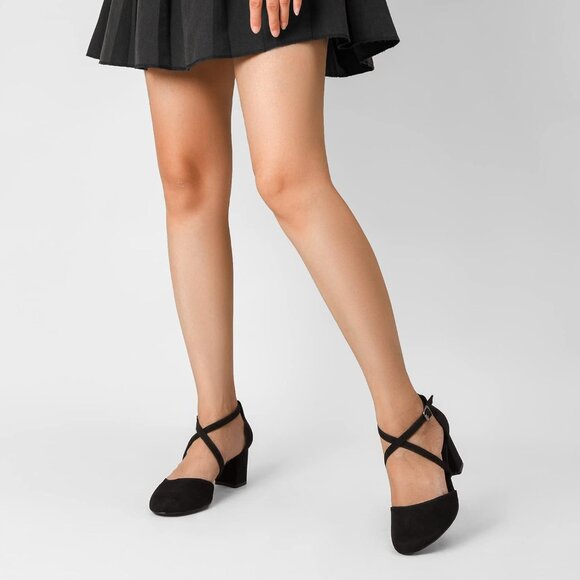 Women's Black Pu Synthetic Round Toe Cross Strap Low Block Heeled Dress Pumps - Picture 2 of 6